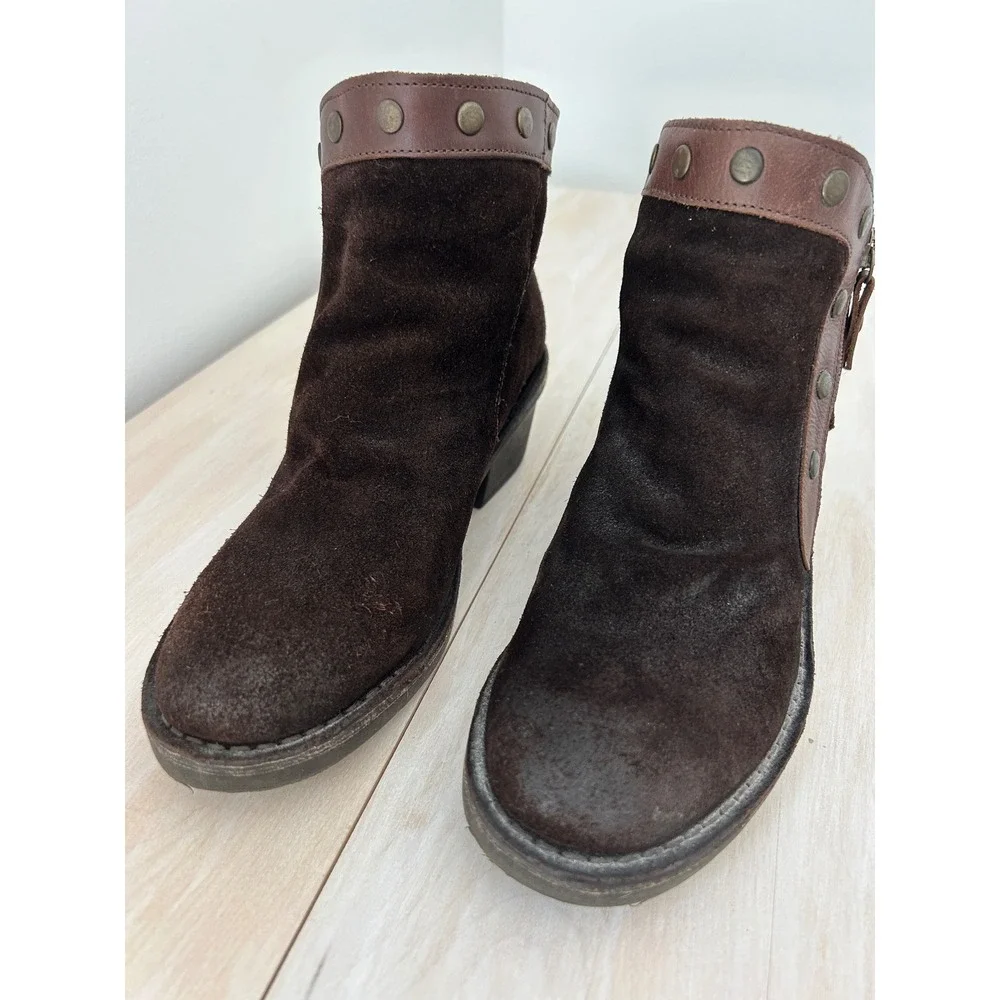 Fly London Brown Suede Studded Ankle Boots Leather Trim Portugal 38 Women's 7.5